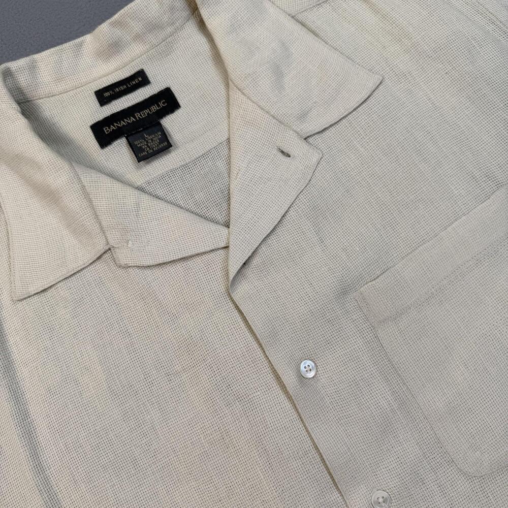 Banana Republic Shirt Mens Large Beige 100% Irish Linen Short Sleeve Button Up - Picture 2 of 8